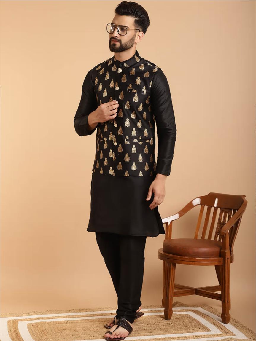 Mens Silk Blend Black Kurta Pyjama & Nehru Jacket in Berlin Namma Markt