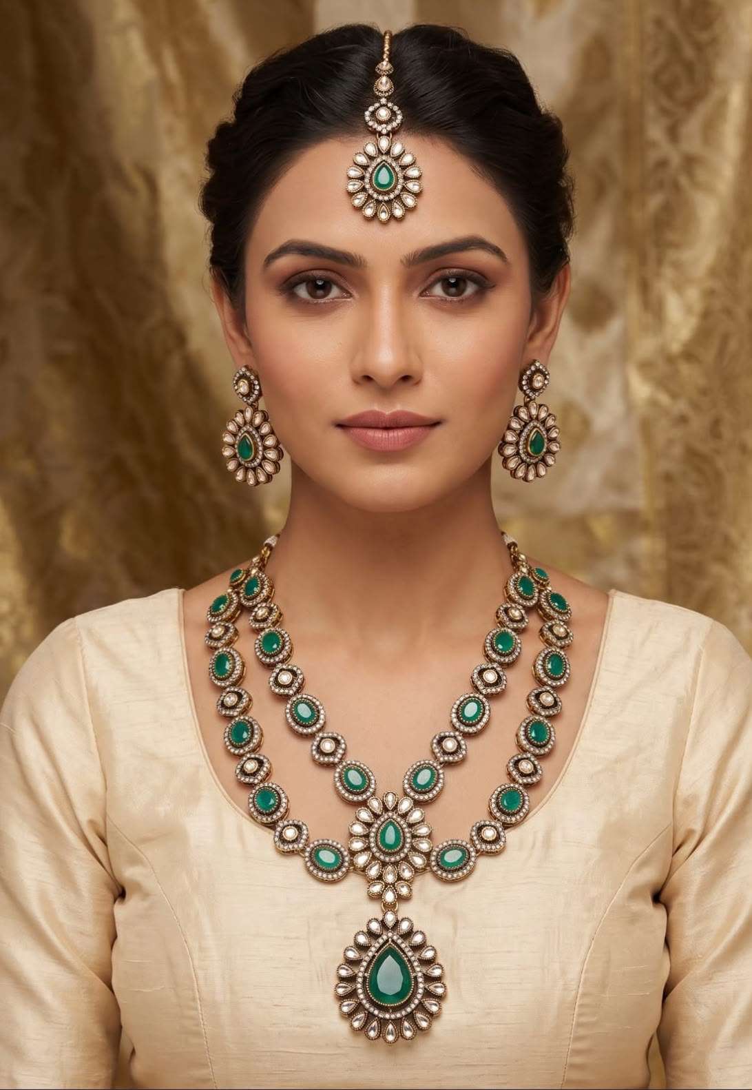 Elegant Indian Bridal Jewelry Set with Green Gemstones and Kundan Work in Germany