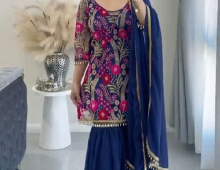 Sequence Work Faux Georgette Sharara Suit in Germany