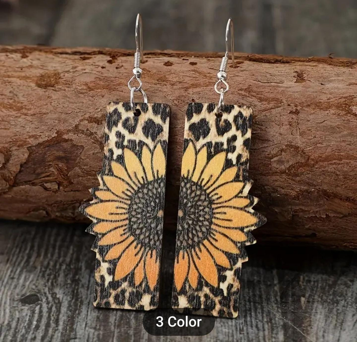 Leopard Sunflower Dangle Hand Painted Boho Wood Earrings in Germany
