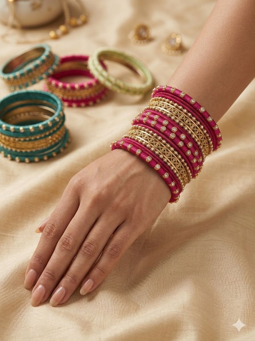 Pink Silk Thread Kundan Bangle Set in Berlin