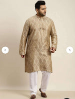 Men's Jacquard Silk Beige & Gold Kurta with Pyjama in Berlin Namma Markt