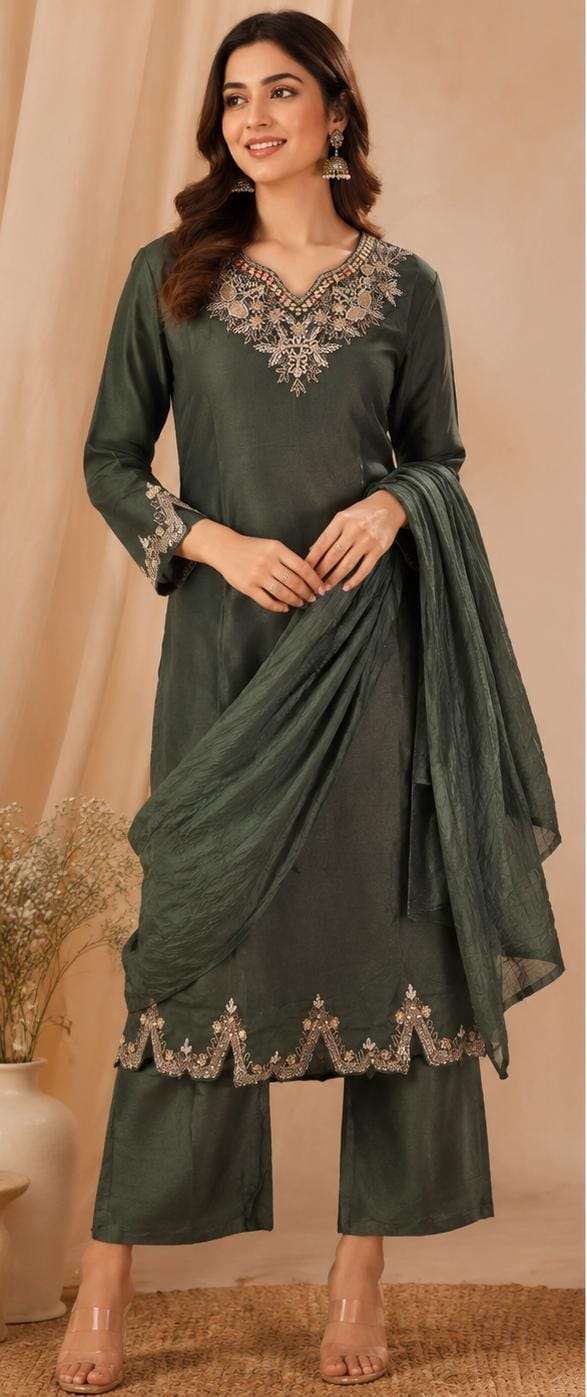 Deep Bottle Green Silk-Blend Embroidered Kurta Palazzo Set with Dupatta in Germany Namma Markt