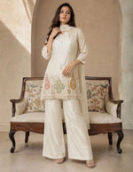 Creme Silk Embroidered Kurta Set with Straight Pants in Berlin