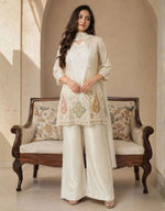 Creme Silk Embroidered Kurta Set with Straight Pants in Berlin