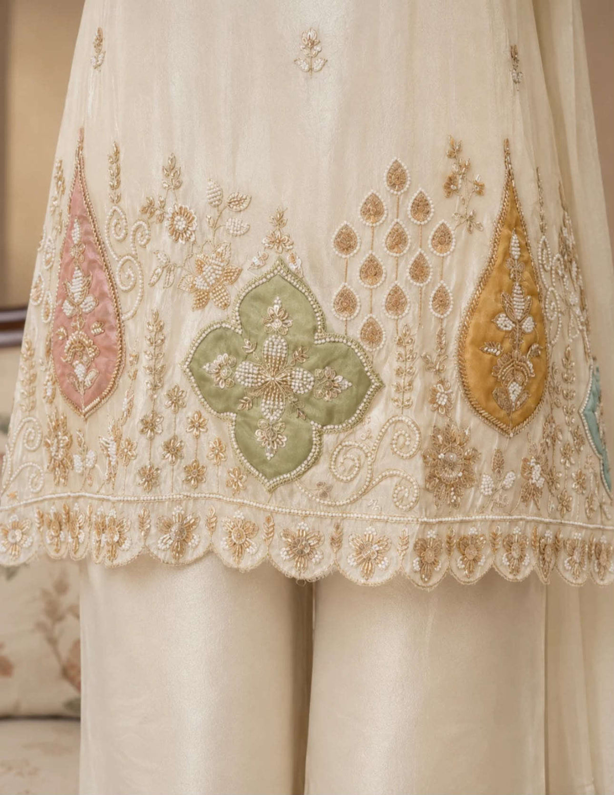 Creme Silk Embroidered Kurta Set with Straight Pants in Berlin