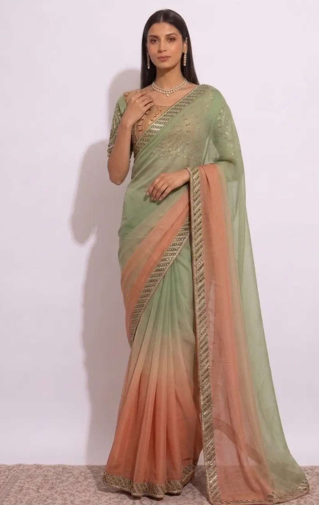 Olive Green & Ochre Beige Ombré Georgette Saree with Heavy Embroidered Designer stitched Blouse in Germany