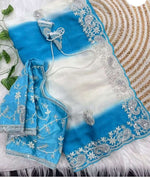 Elegant Sky Blue and White Shaded Ombré Saree with Ornate Borders and Stitched blouse in Germany