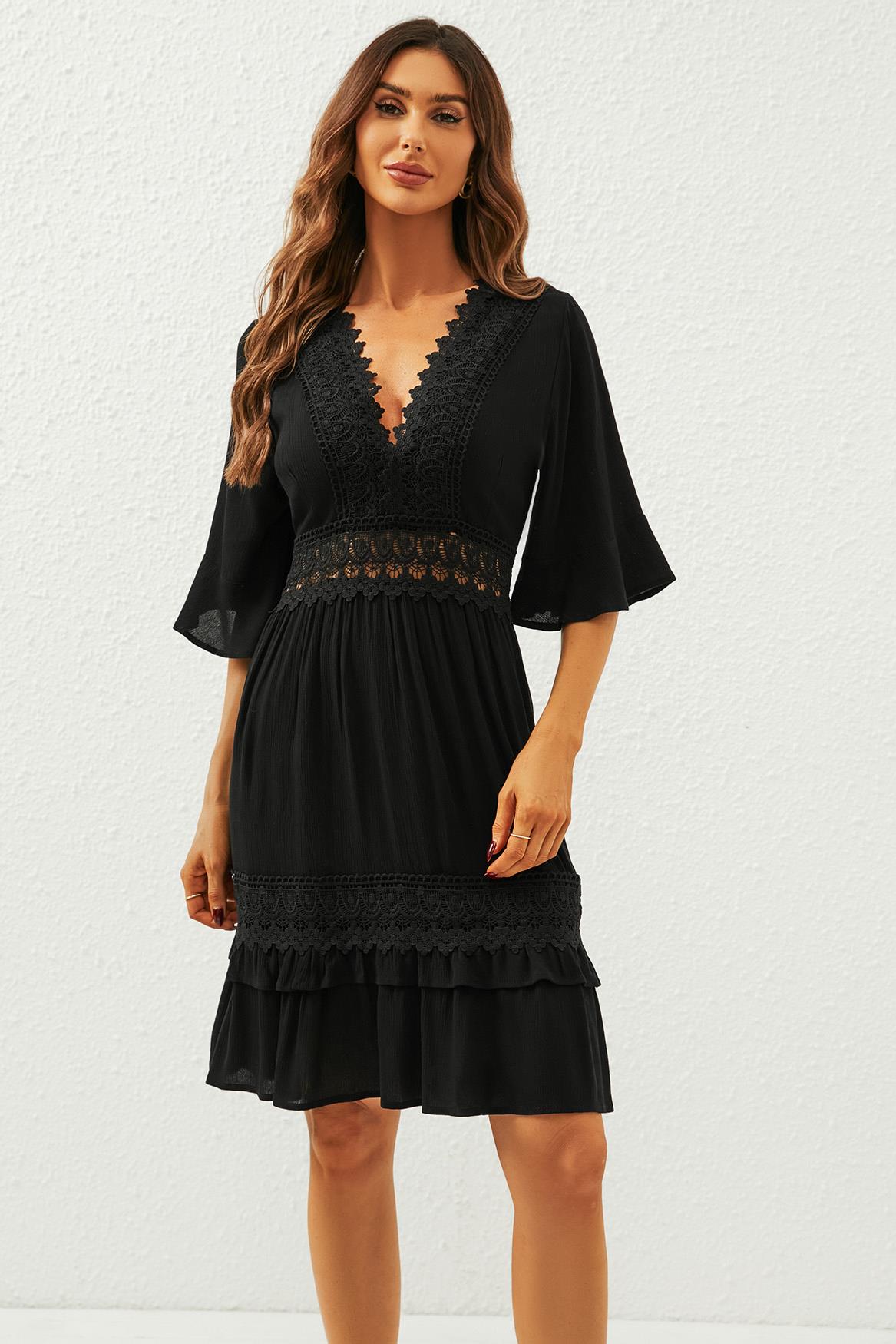 V Neck Lace Mini Dress In Black