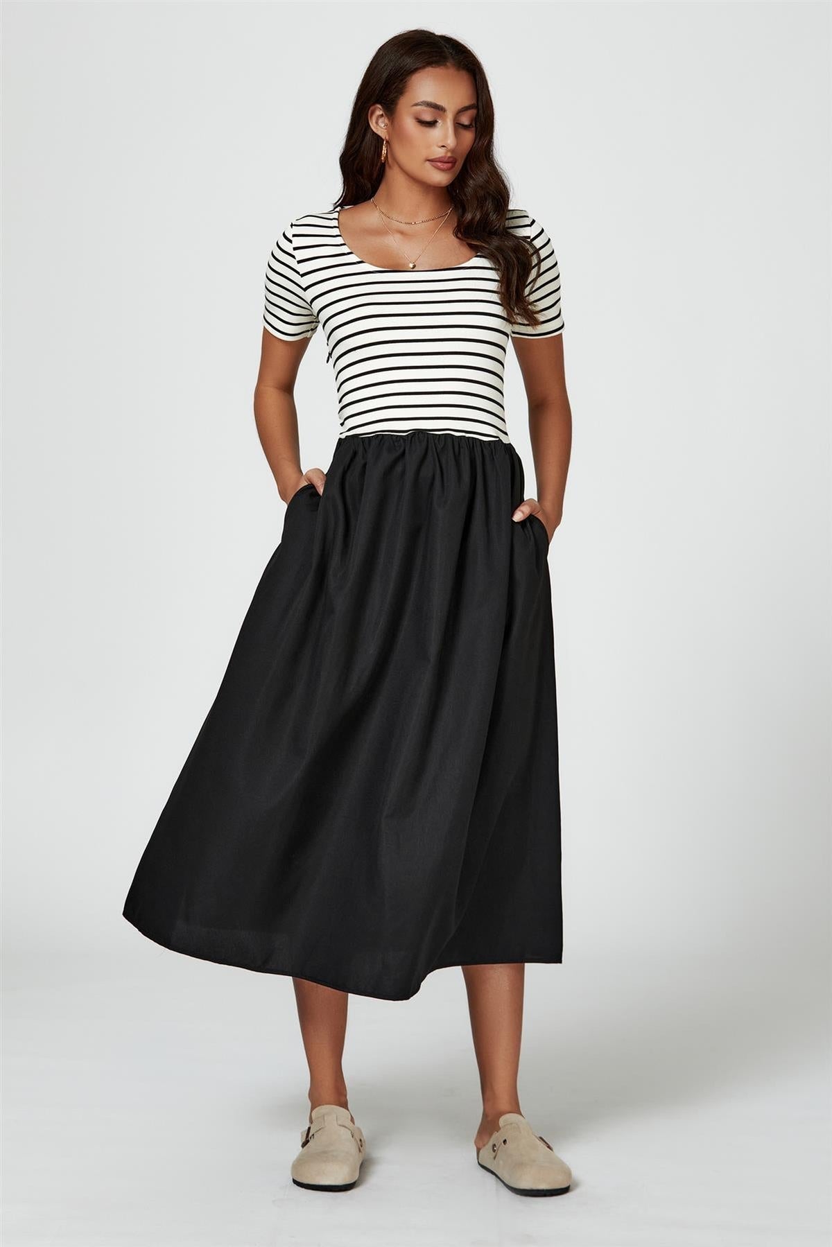 Short Sleeve Black Stripe Midi Dress In White