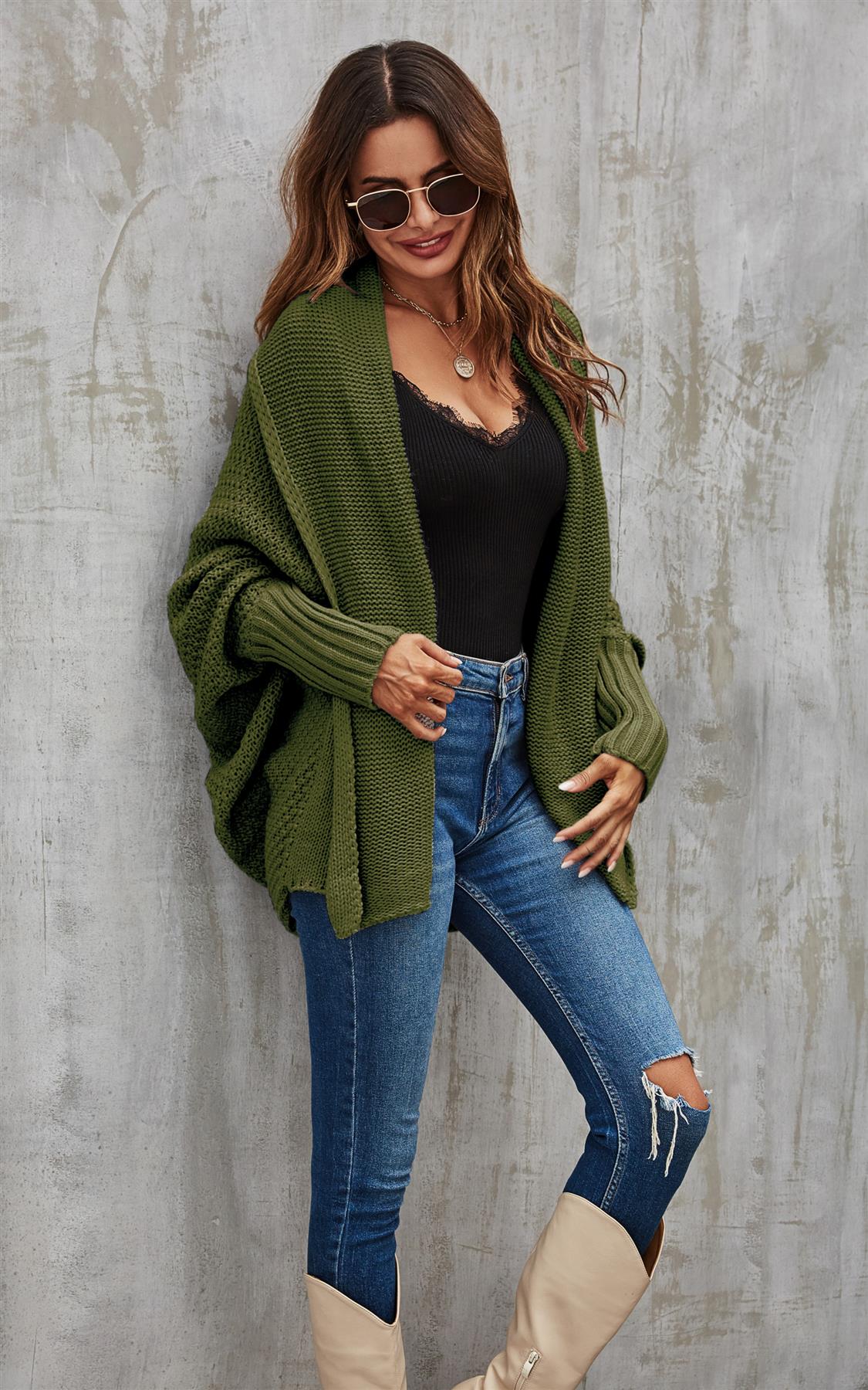 Olive Green Chunky Pleat Oversized Cardigan