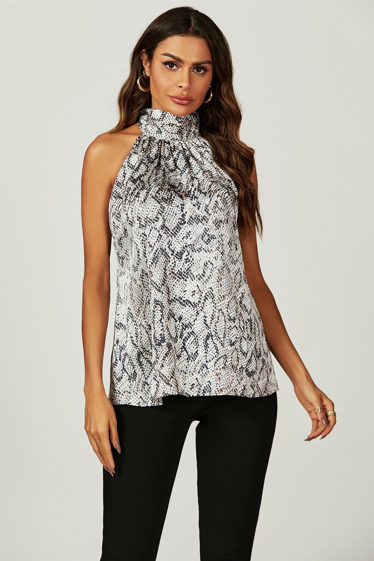 Satin Snake Print Halter Neck Tie Back Top In Silver Grey