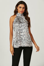 Satin Snake Print Halter Neck Tie Back Top In Silver Grey