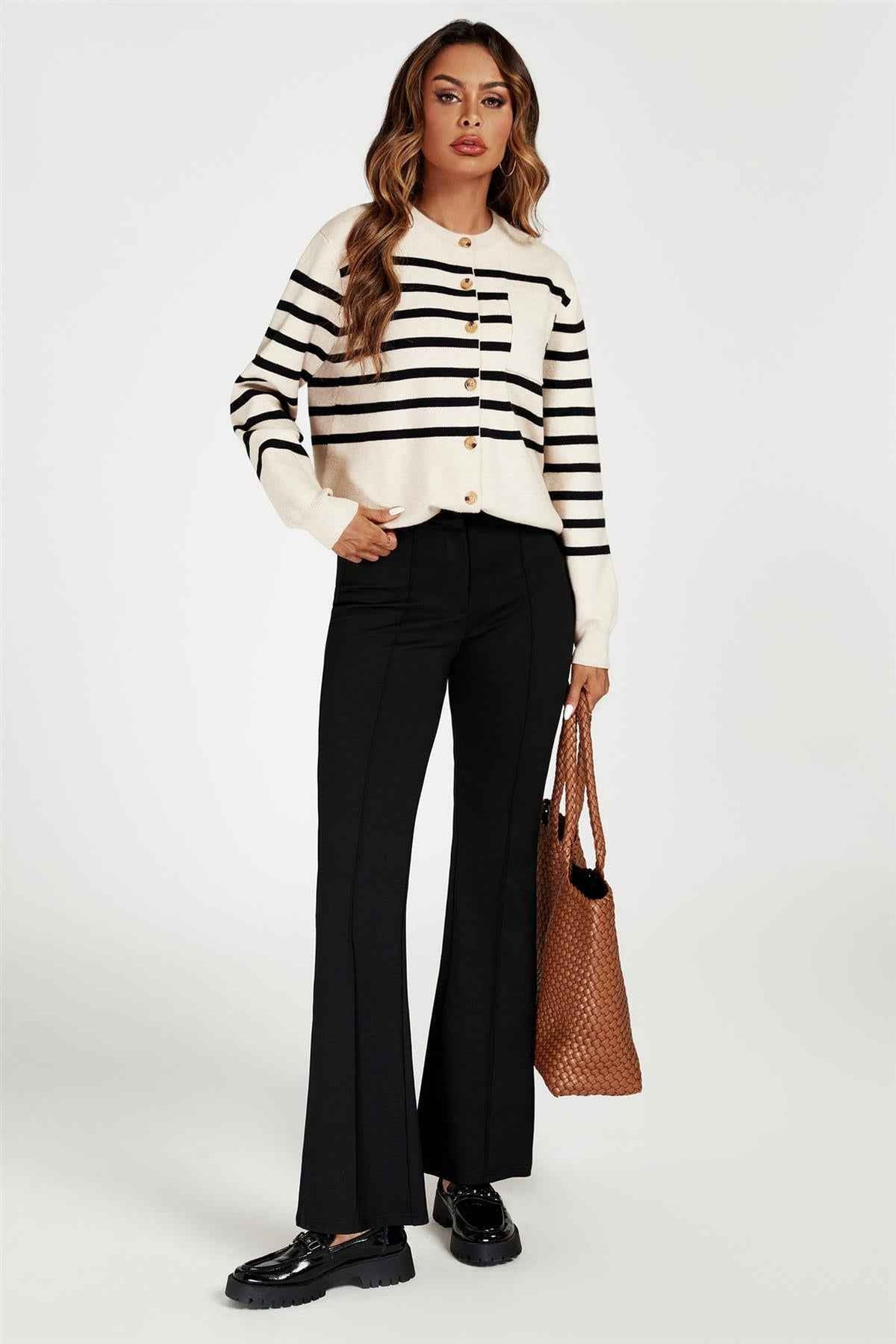 Pocket Stripe Knitted Cardigan In Cream