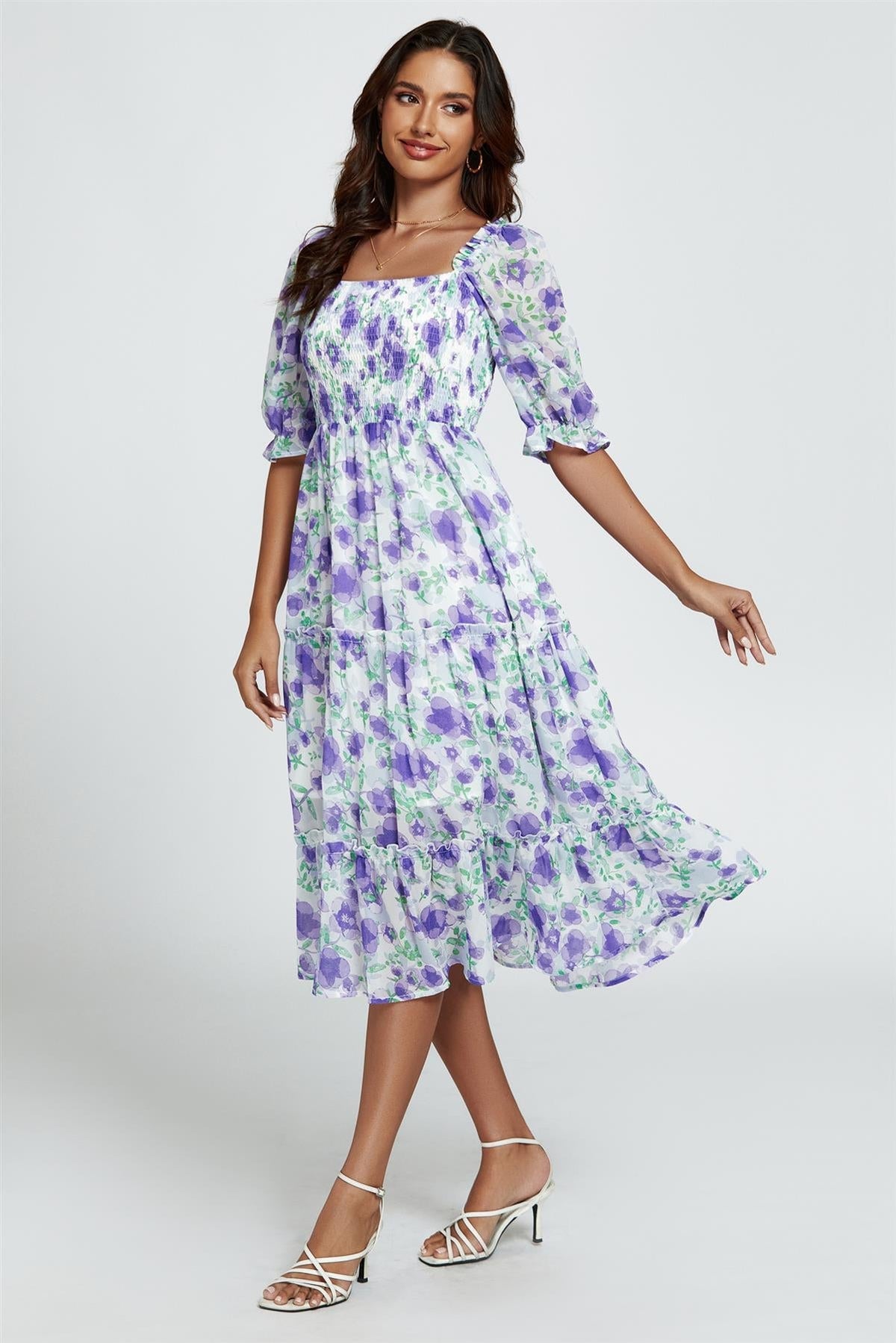 Floral Print Bardot Puff Sleeve Elasticated Detail Midi Dress In White