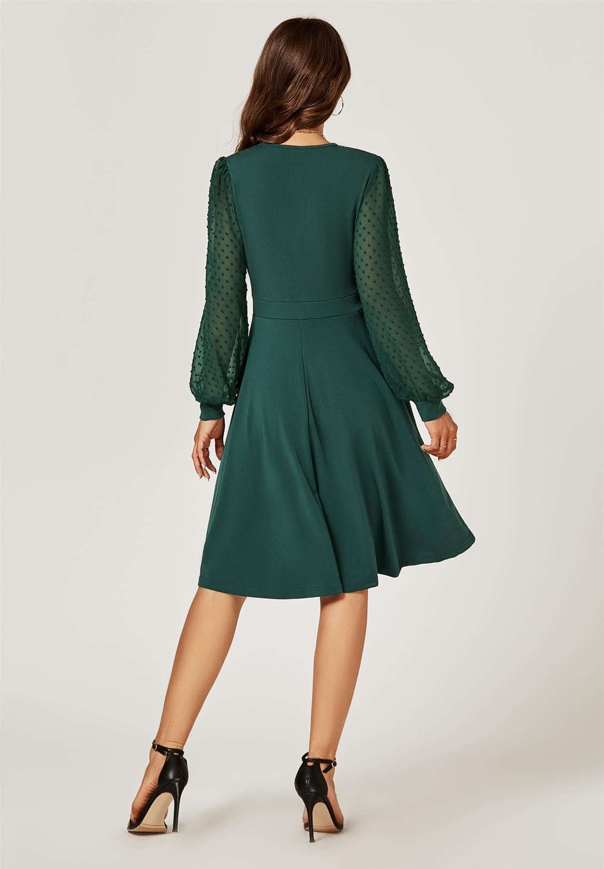 Long Chiffon Sleeve Pleated Midi Dress In Dark Green