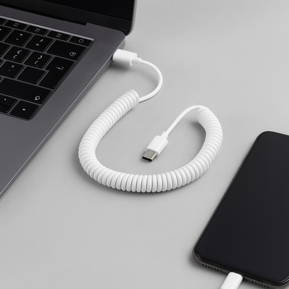 Spiralkabel USB-C auf USB-A (USB 2.0-kompatibel), 100–200 cm, Weiß | System-S