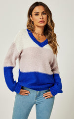 Stripe Block Colour Relaxed Knit Jumper Top In Blue & White