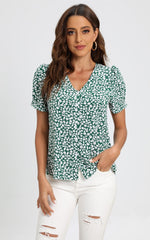 Short Sleeve Buttoned Blouse Top In Green & White Flora Print