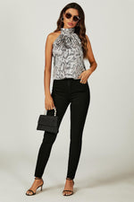 Satin Snake Print Halter Neck Tie Back Top In Silver Grey