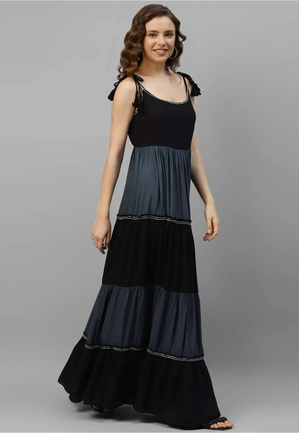 Lace Embellished Rayon Tiered Dress in Munich
