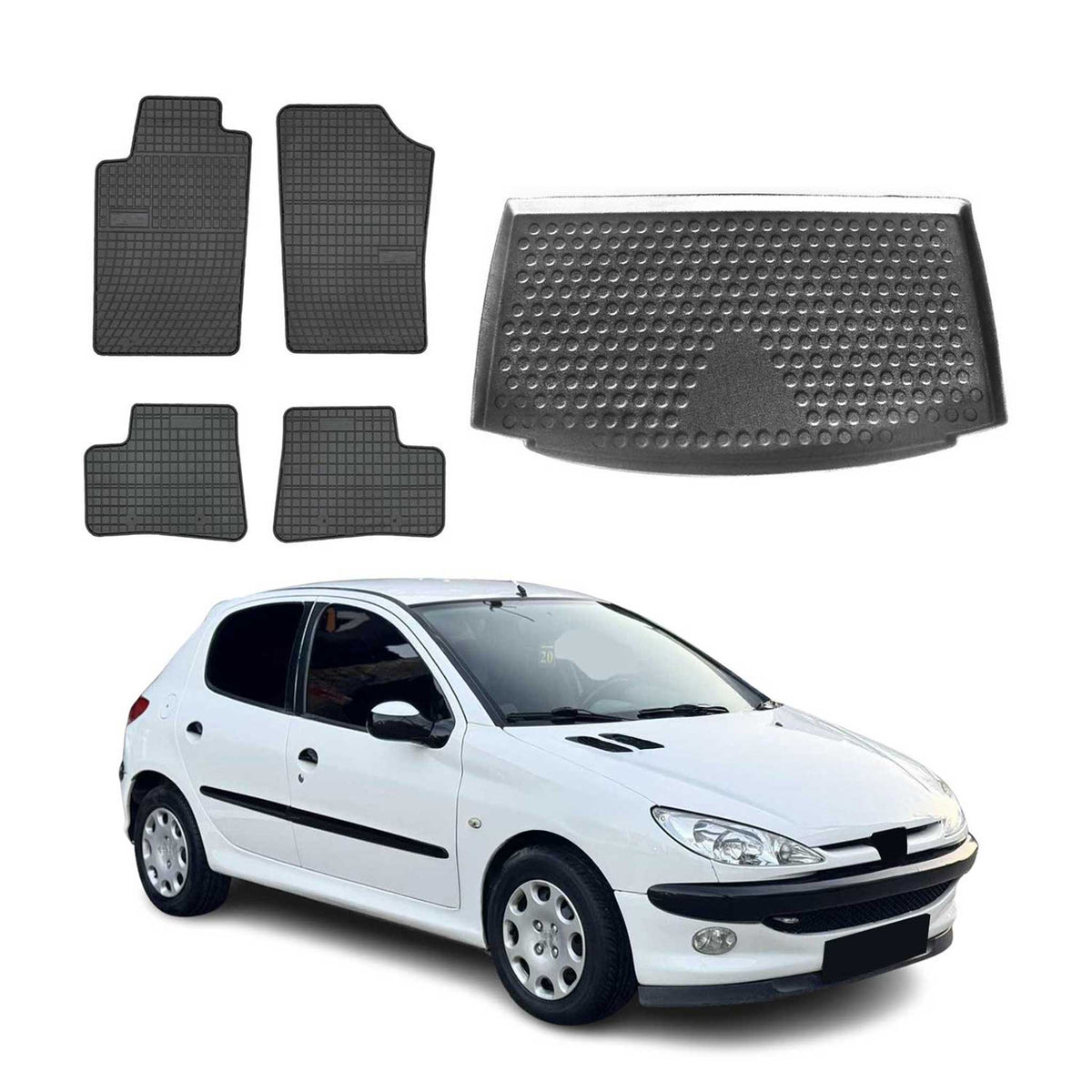 Fußmatten & Kofferraumwanne Set für Peugeot 206 Schrägheck 1999-2007 Gummi 5x