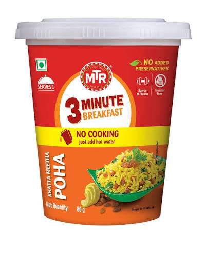 MTR 3 Minute Breakfast container with red and orange design, featuring MTR logo and text.