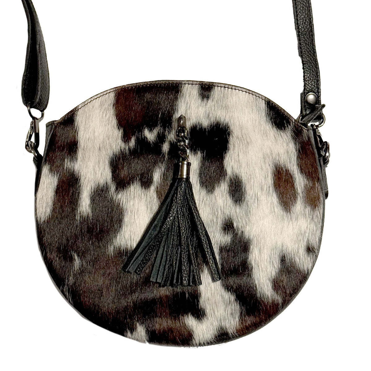 Kopie von Runde Umhänge Handtasche mit Kuhfell