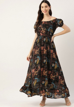Black Floral Printed Off-Shoulder Puff Sleeve Gathered Georgette Maxi Dress in Munich