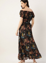 Black Floral Printed Off-Shoulder Puff Sleeve Gathered Georgette Maxi Dress in Munich