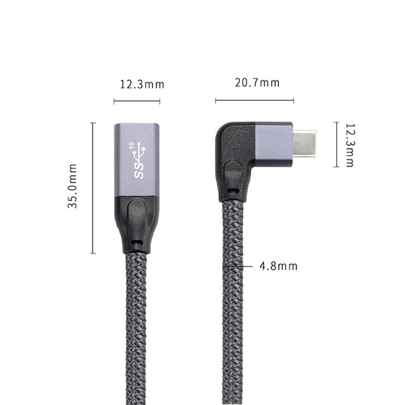 USB 3.1 Gen 2 Kabel 100cm Typ C Stecker zu Buchse geflochten Winkel Grau | System-S