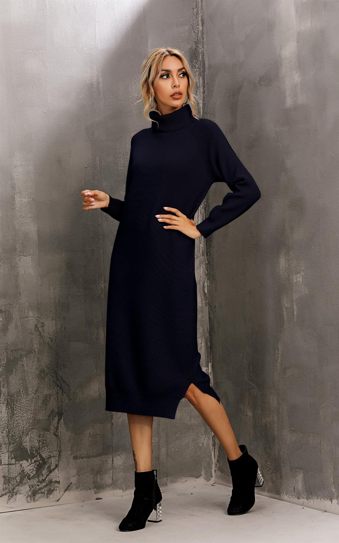 Wool Blended Jumper Dress With High Neck In Black