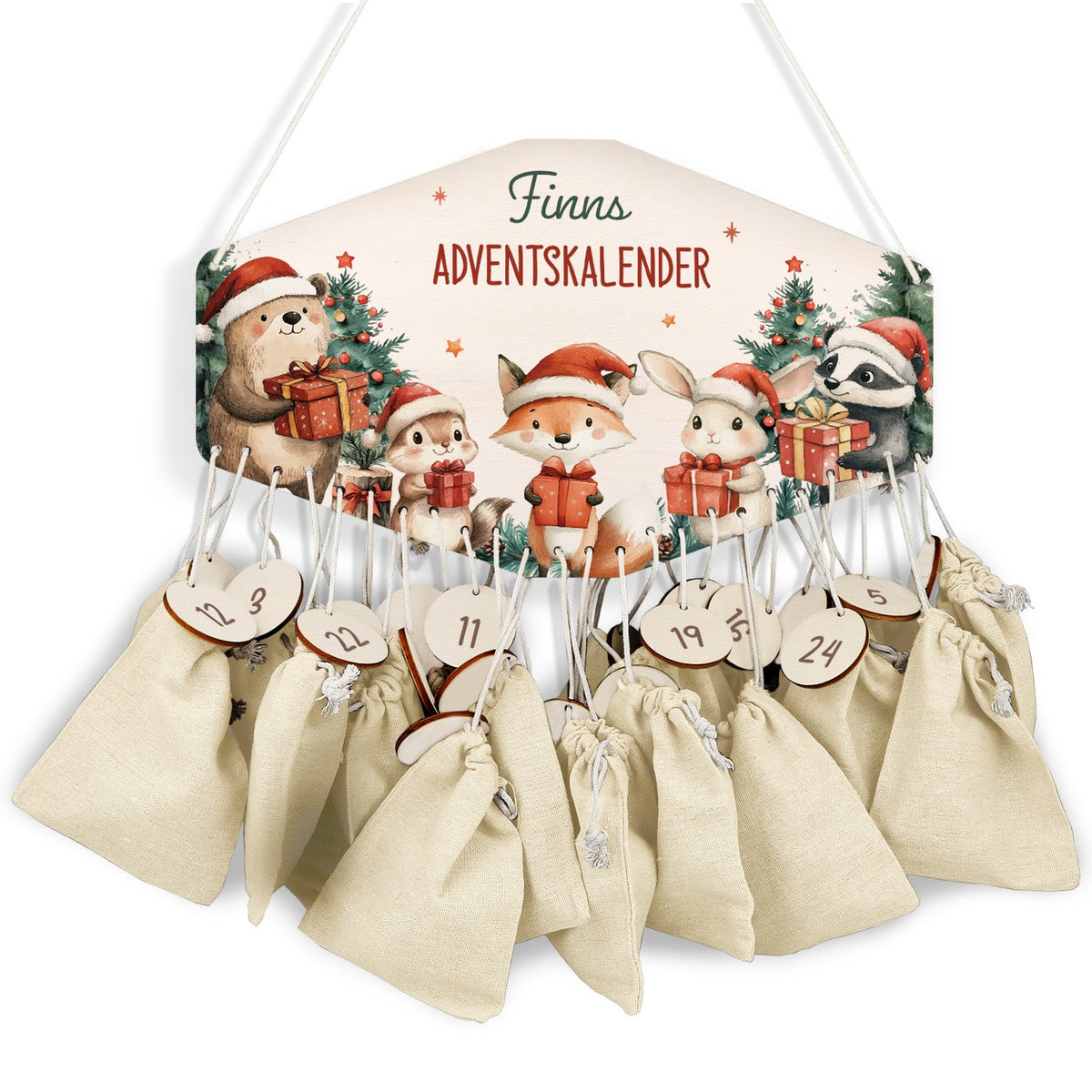 Personalisierter Adventskalender aus Holz mit Druckmotiv & Namen - Geschenketiere