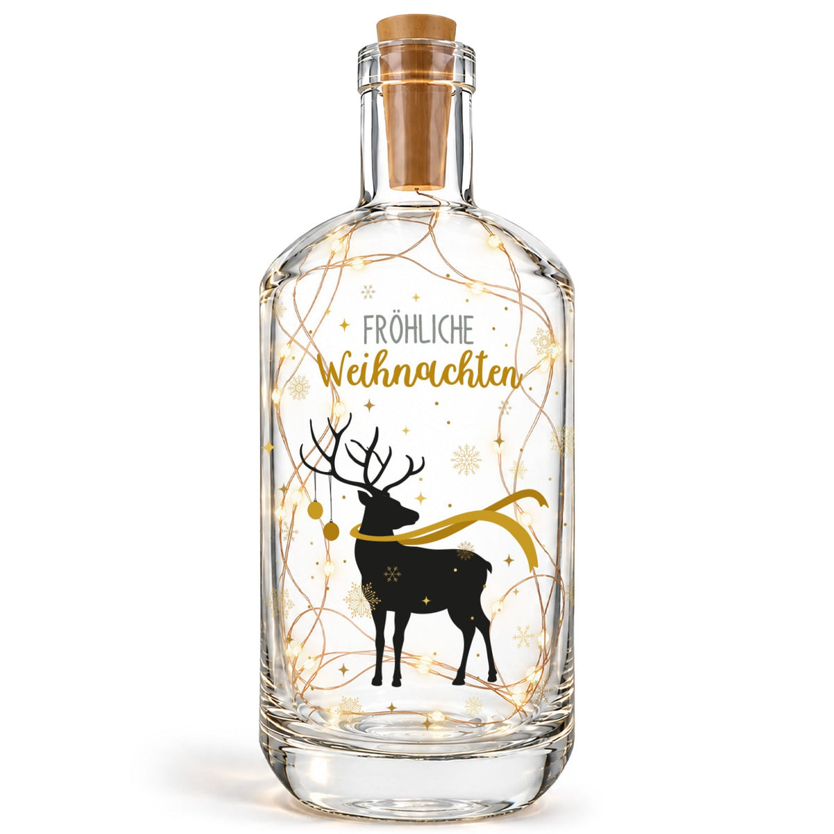 Flaschenlicht mit LED-Lichterkette und UV Druck - Hirsch Gold Design - Weihnachtsdekoration