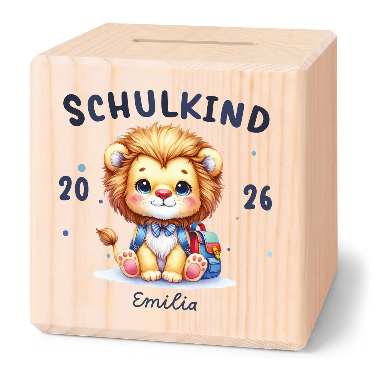 Spardose aus Holz - Schulkind