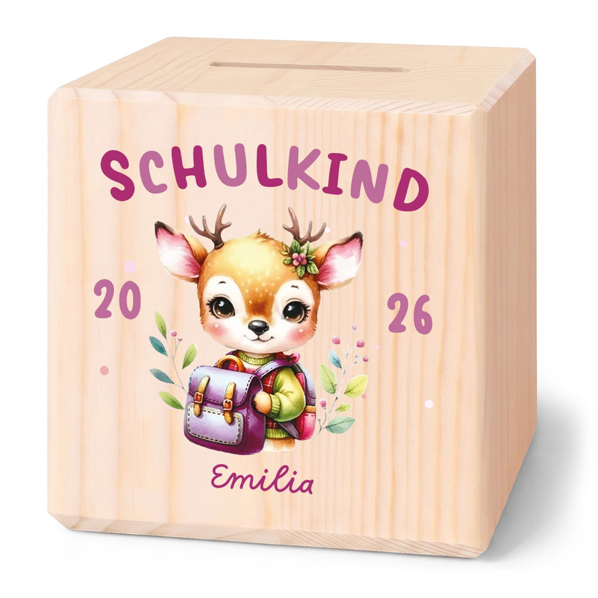 Spardose aus Holz - Schulkind
