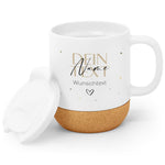 Bedruckte Tasse mit Korksockel & Deckel - Wunschtext V2