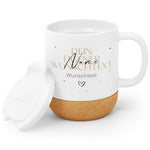 Bedruckte Tasse mit Korksockel & Deckel - Wunschtext V2
