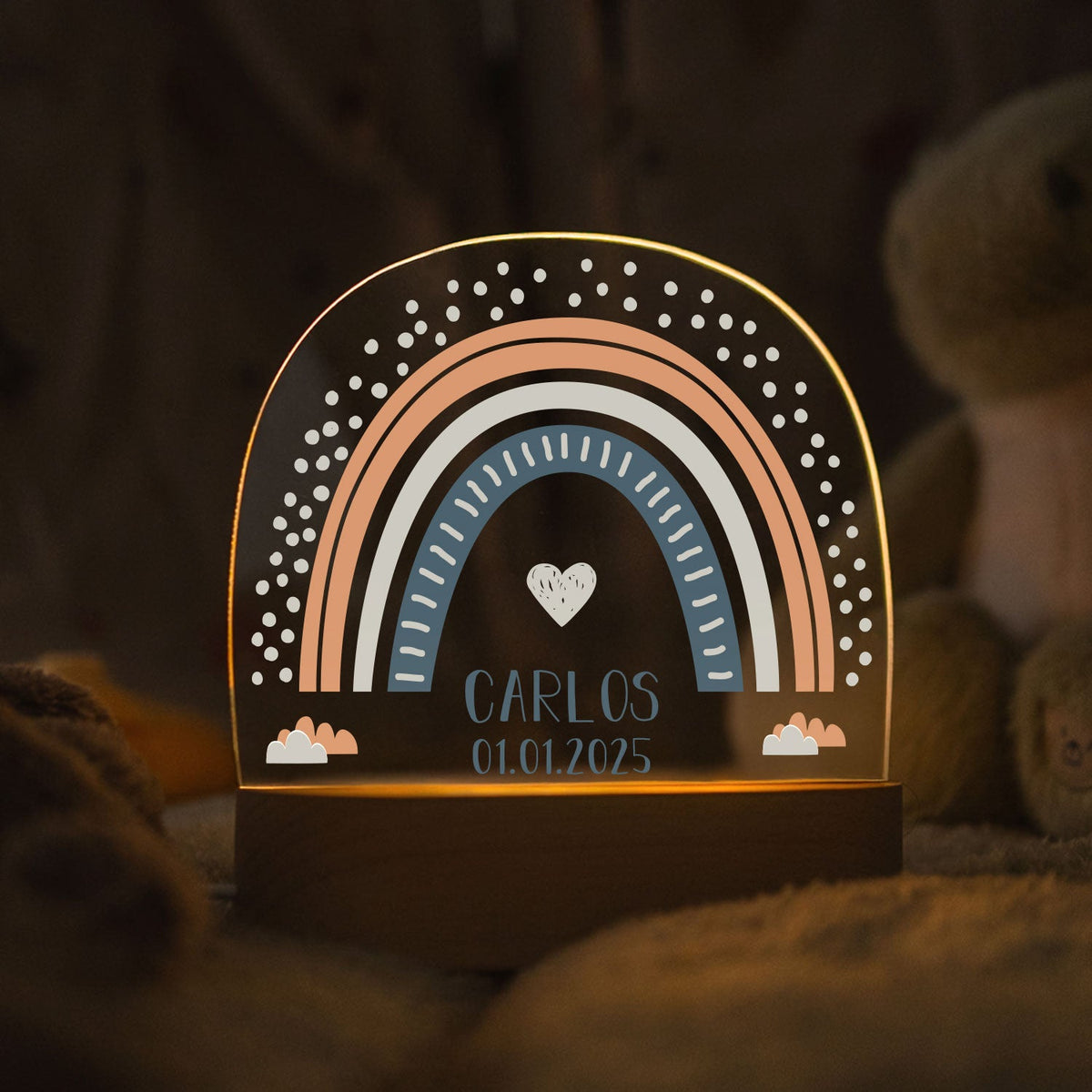 Kinder LED Nachtlicht mit Sockel aus Holz im Regenbogen Design