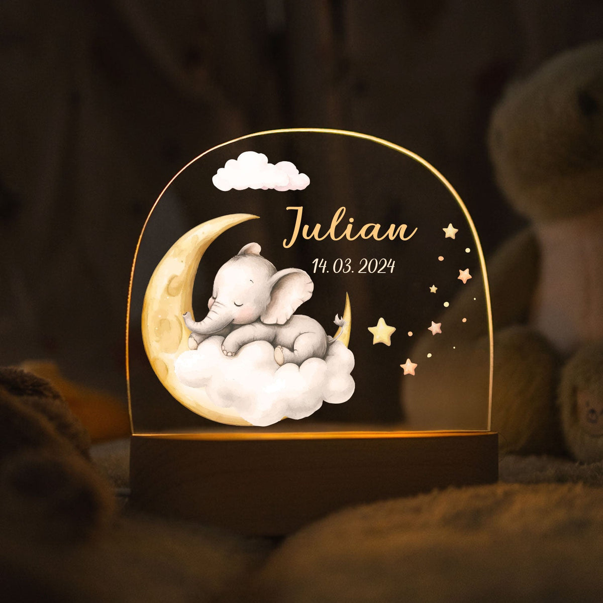 Kinder LED Nachtlicht mit Sockel aus Holz - "Schlafende Tiere"