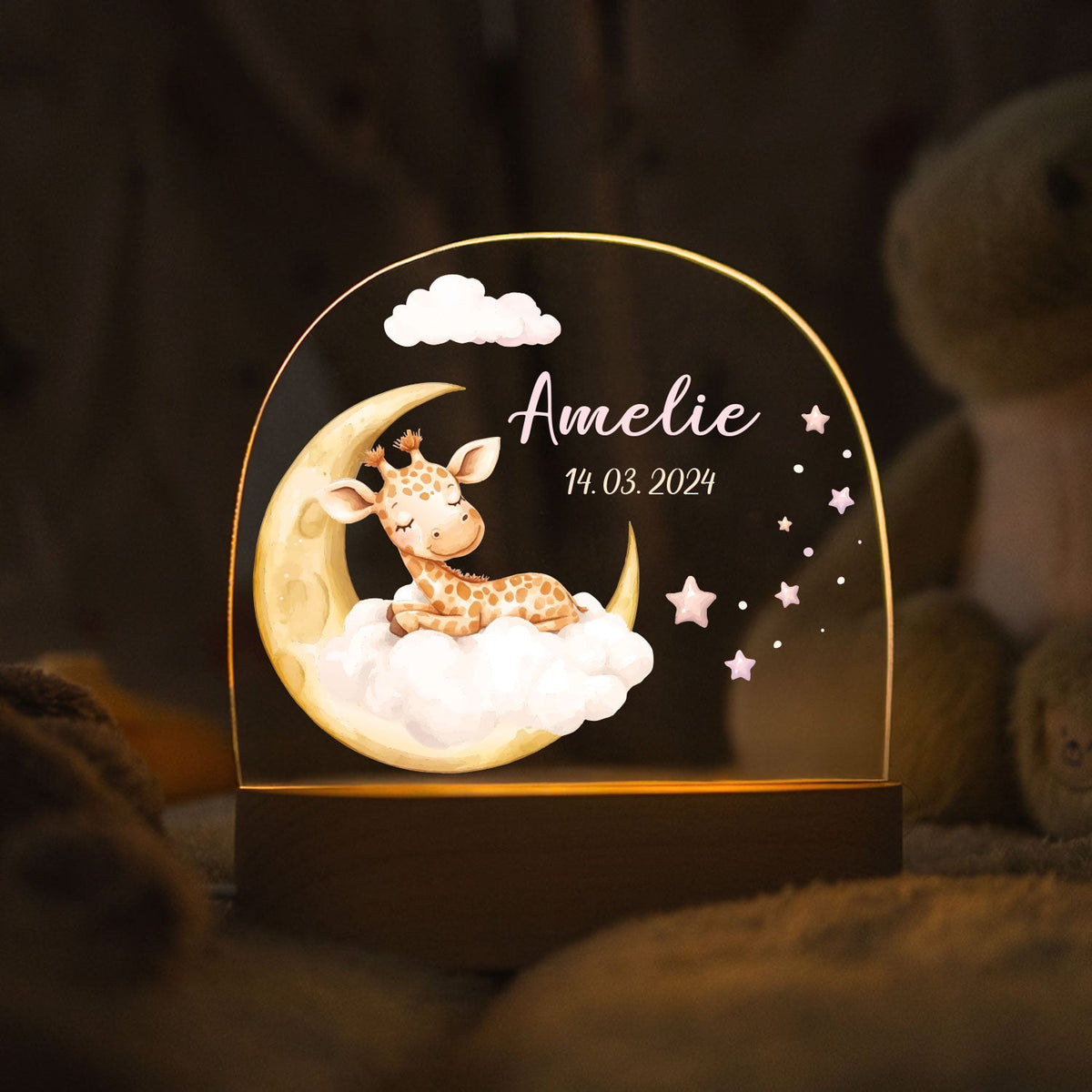Kinder LED Nachtlicht mit Sockel aus Holz - "Schlafende Tiere"