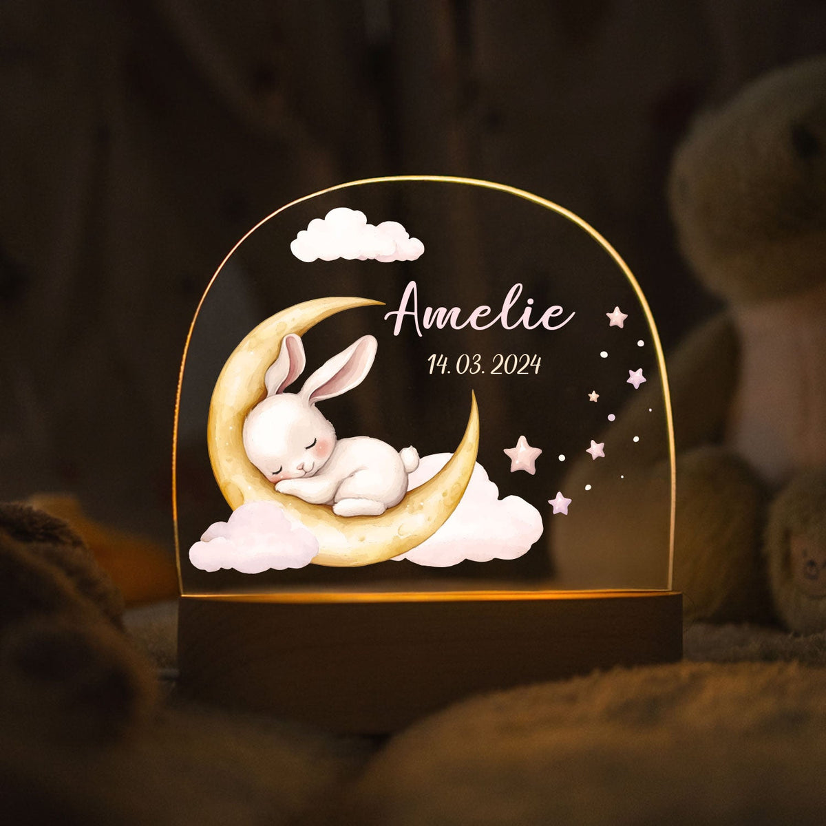 Kinder LED Nachtlicht mit Sockel aus Holz - "Schlafende Tiere"