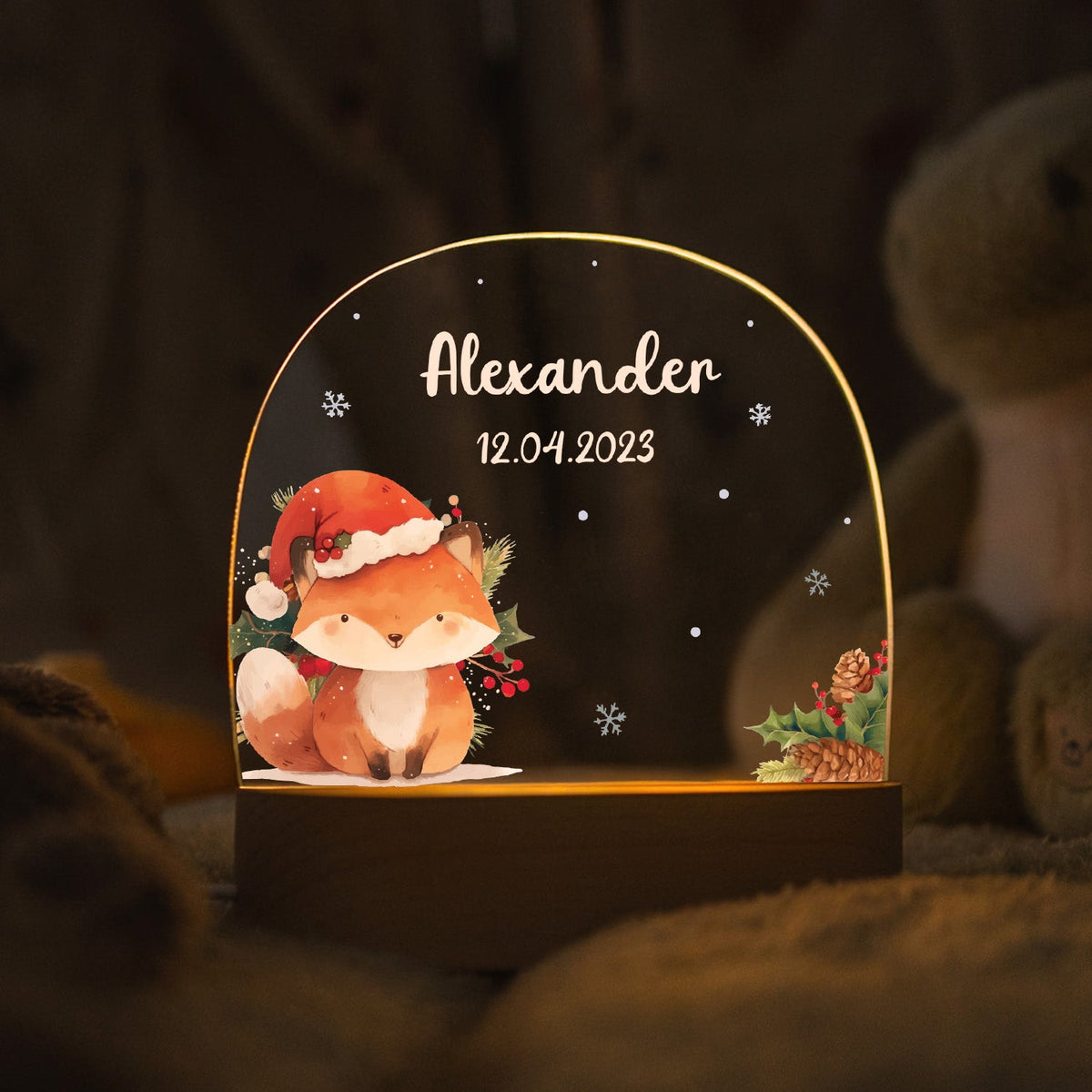 Kinder LED Nachtlicht mit Sockel aus Holz - "Weihnachtstiere"