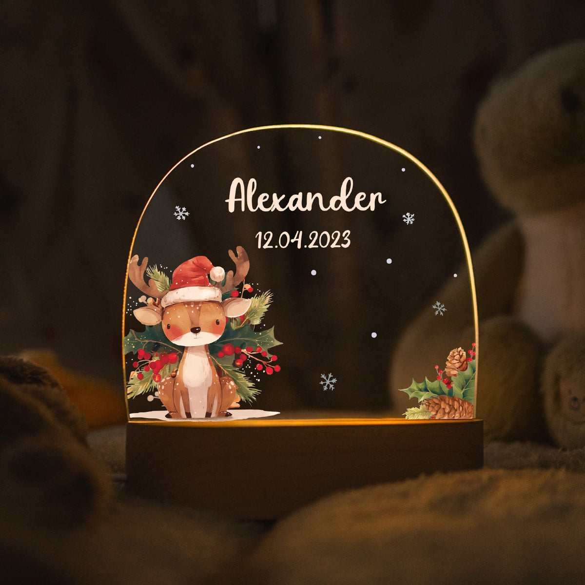 Kinder LED Nachtlicht mit Sockel aus Holz - "Weihnachtstiere"