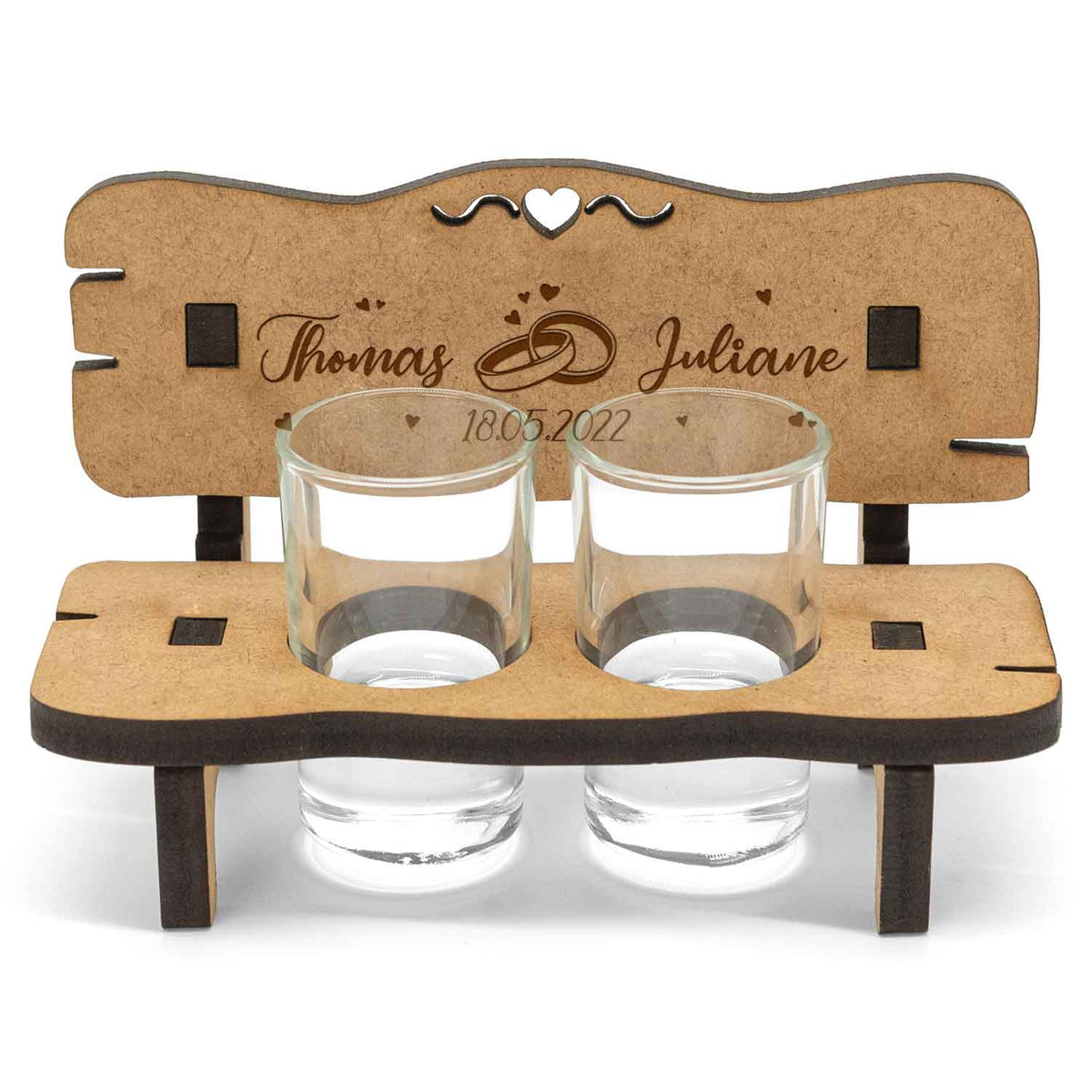 Gravierte Schnapsbank im Wedding Design mit Namen & Datum + 2 Schnapsgläser