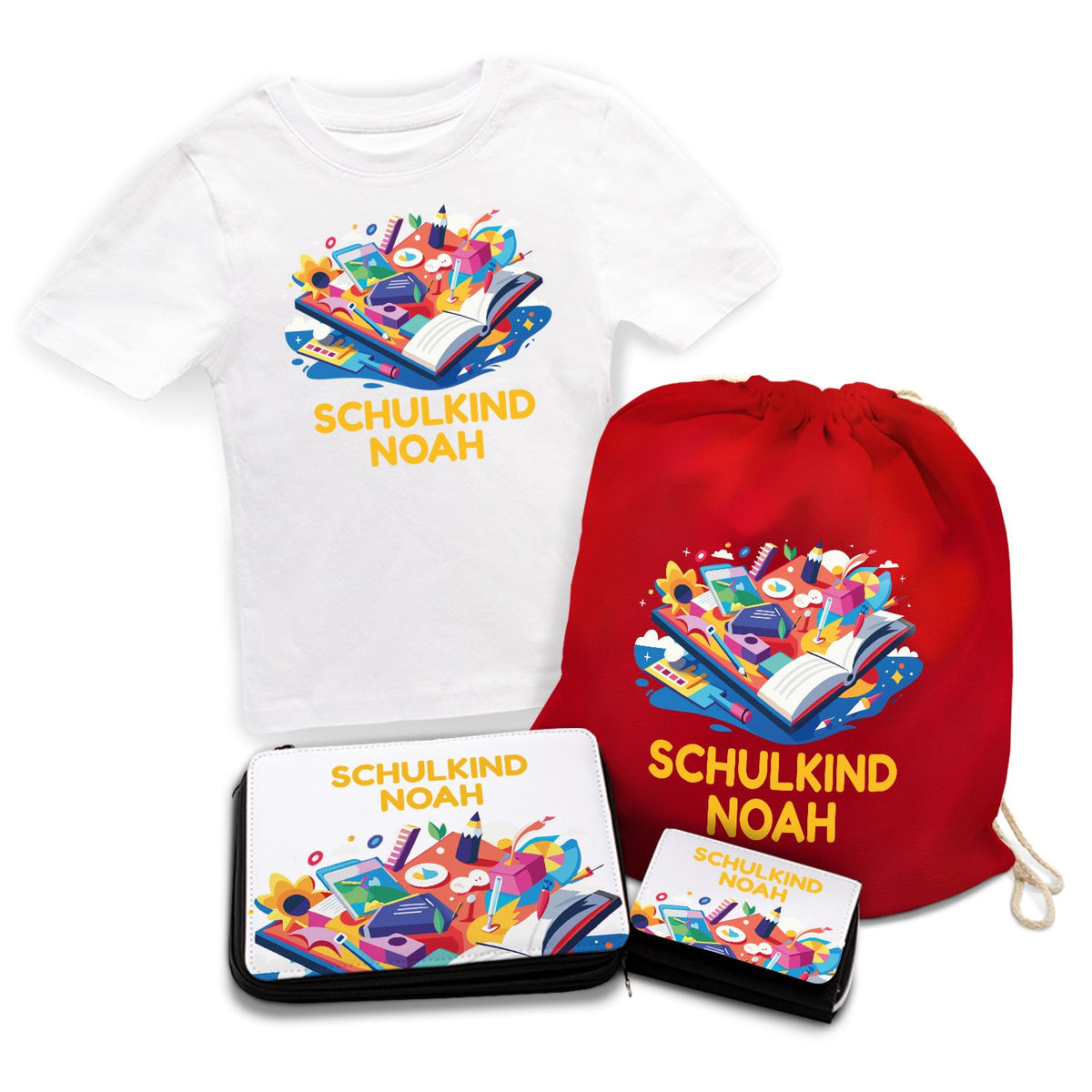 Personalisiertes Schulset - Buch - mit T-Shirt, Sportbeutel,  Federmappe & Geldbörse