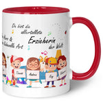 Bedruckte Tasse mit Spruch Erzieher/in Abschied mit Schildern für bis zu 10 Namen