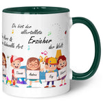 Bedruckte Tasse mit Spruch Erzieher/in Abschied mit Schildern für bis zu 10 Namen