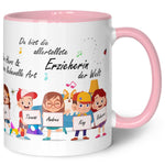 Bedruckte Tasse mit Spruch Erzieher/in Abschied mit Schildern für bis zu 10 Namen