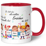 Bedruckte Tasse mit Spruch Erzieher/in Abschied mit Schildern für bis zu 10 Namen